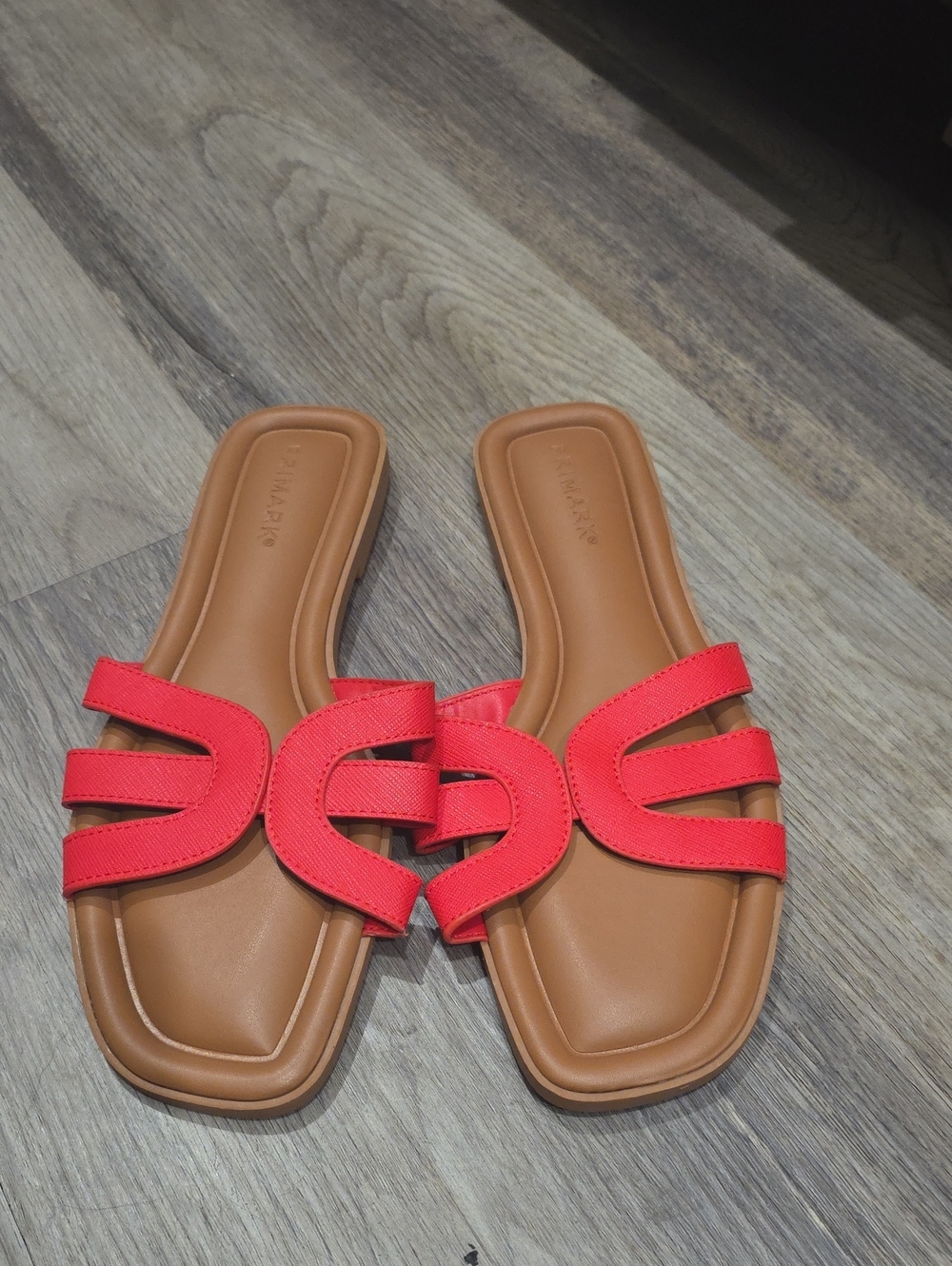 Primark Coral-Red Slide Sandals with Tan Footbed